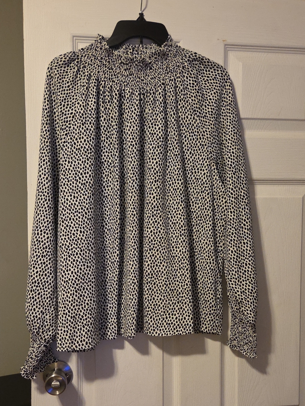 Nine West Black & White Dot Smocked-Neck Blouse